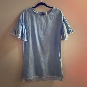 Denim Hi-low Dress with Ruffled Sleeves